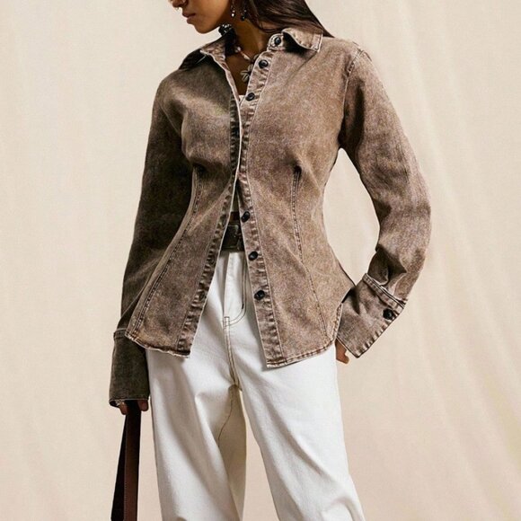 Brown Casual Western Women's Acid Wash Distressed Denim Jacket - Picture 1 of 7